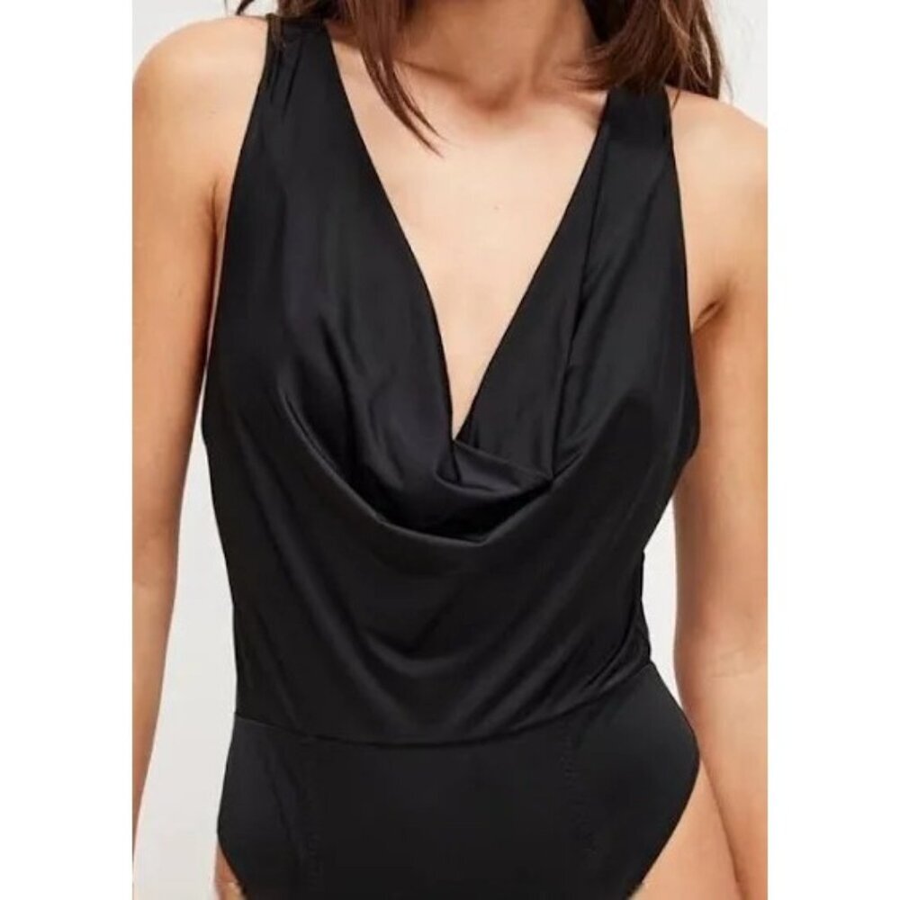 NEW FREE PEOPLE INTIMATELY WHEN AND WHERE COWL NECK BODYSUIT BLACK LARGE